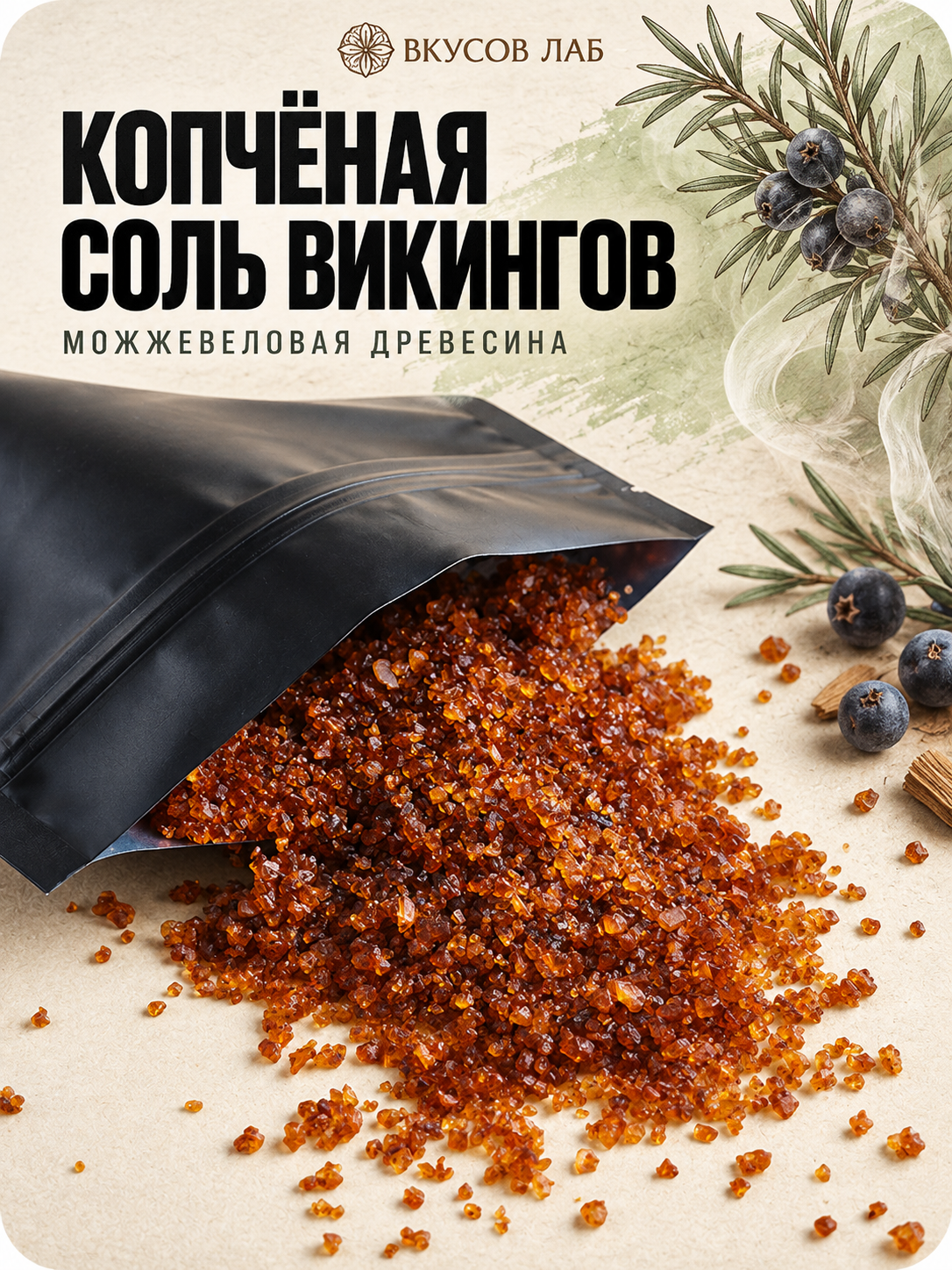 Соль морская пищевая копчёная на можжевеловой древесине
