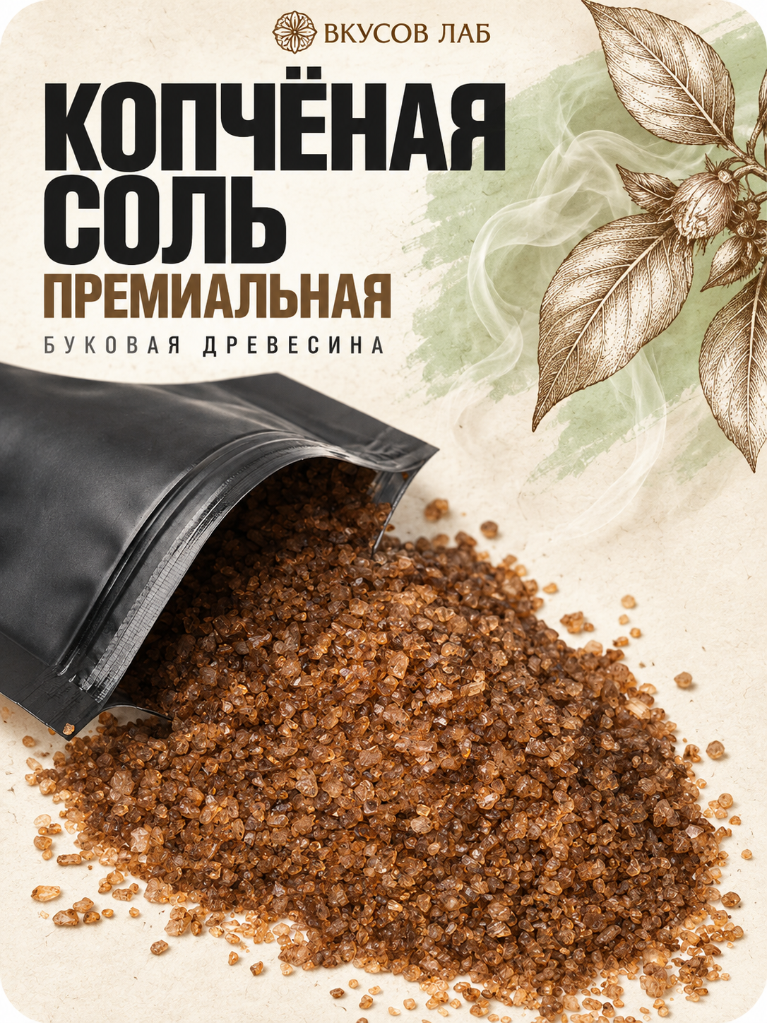 Соль морская пищевая копчёная на буковой древесине