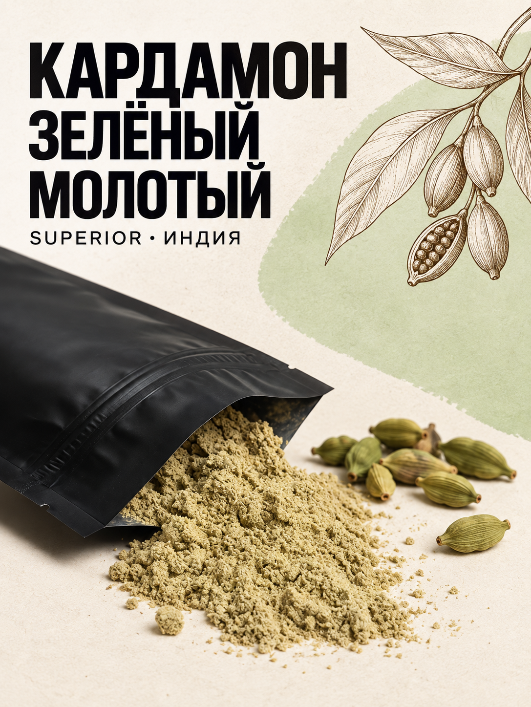 Кардамон зелёный молотый С (Superior), Индия